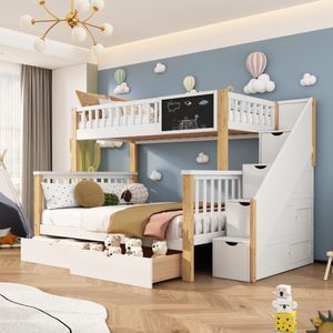 Patrová postel Flieks s ochranou proti vypadnutí, podkrovní postel se schody, dětská postel se zásuvkami a deskou, patrová postel z masivu 90x200cm / 140x200cm