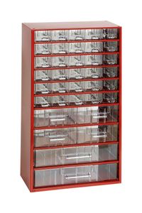 MARS Kleinteilemagazin mit 36 Schubfächern: 30x Klein, 4x Mittel, 2x Groß Metallgehäuse | HxBxT 55,1x30,6x15,5cm | Rot