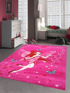 Kinderteppich Spielteppich Kinderzimmer Teppich Zauberfee mit Schmetterlinge Pink Creme Rot Türkis Größe - 160x230 cm