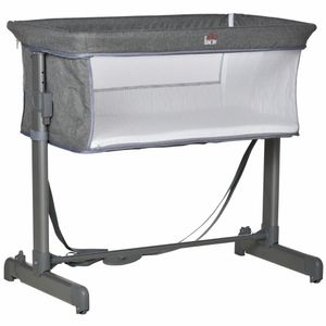 HOMCOM Baby Beistellbett Kinderbett Reisebett für 0-6 Monate Baby Stubenwagen mit Matratze Netzfenster Transporttasche Höhenverstellbar Faltbar Metall Oxfordstoff Grau