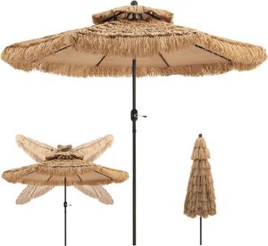 Hawaii Sonnenschirm 270 cm, Reisstroh Strandschirm neigbar, Strohschirm mit Doppeldach, Terrassenschirm UV-beständig, Gartenschirm für Balkon (Beige)