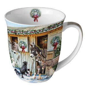 Kaffeebecher Winter: Esel im Stall mit Hunden, Tiere Henkelbecher Tasse Schnee Weihnachten