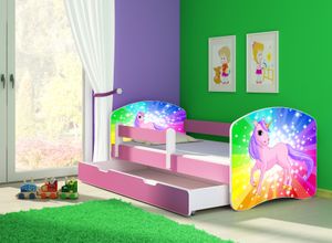 ACMA Jugendbett Kinderbett Junior-Bett Komplett-Set mit Matratze Lattenrost und Rausfallschutz Rosa 18 Pony Regenbogen 180x80 + Bettkasten