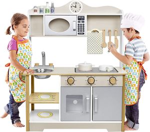 ACXIN Kinderküche Holz mit Kinderküche zubehör, inklusive Zubehör wie Mikrowelle, Backofen, Spüle, Kochutensilien & Gewürzen Sicher, ungiftig & einfach in der Anwendung