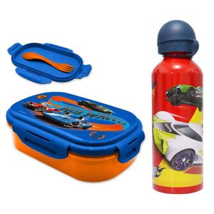 Hot Wheels 3 tlg Kinder Lunch Set Brotdose Aluminium Trinkflasche 500 ml Göffel – Rot