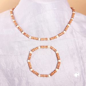 Set Kette Armband 14x5mm Perlen hellbraun-beige Kunststoff 42cm