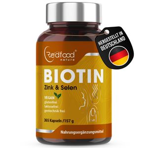 Redfood - Biotin   Gold 10 mg + Zink + Selen für Haut, Haare & Nägel, hochdosiert & vegan, 365 Kapseln