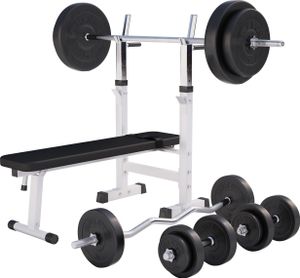 GORILLA SPORTS® Hantelbank - mit Ablage und Dip-Station, inkl. Hantelset 100kg, Verstellbar, Klappbar, Weiß - Drückerbank, Fitness Flachbank, Multifunktion, Trainingsbank mit Gewichten