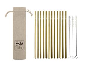 Slamky z nehrdzavejúcej ocele EKM Living, sada 12 zlatých rovných slamiek GmbH, odolné proti zlomeniu, opakovane použiteľné, vhodné do umývačky riadu, bez obsahu plastu (zlaté rovné, 12)