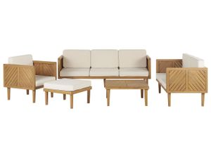 BELIANI Lounge Set Hellbraun Akazienholz 5-teilig für 6 Personen mit Auflagen Beige Stoff Couchtisch Fußhocker 2 Sofas Sessel Outdoor Terrasse Garten