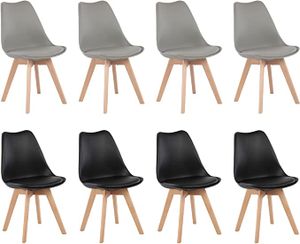 IPOTIUS Sada 8 jídelních židlí s masivní bukovou nohou, skandinávský design Čalouněné kuchyňské židle Židle dřevo, 4 šedé + 4 černé