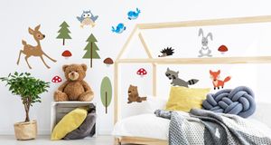 Muralo Wandsticker Gemalte Waldtiere mit Bumen 50 x 100 cm Wandtattoo Wanddeko Aufkleber Set Kinderzimmer XXL