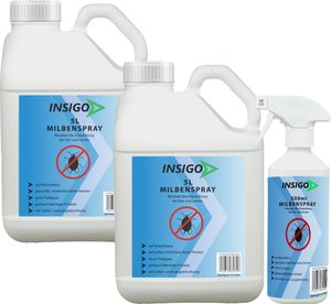 INSIGO 2x5L + 500ml Anti-Milbenspray, Mittel gegen Milben Milbenbefall Milbenfrei Schutz gegen Eier auf Wasserbasis, fleckenfrei, geruchlos, mit Schnell- & Langzeitwirkung frei EX