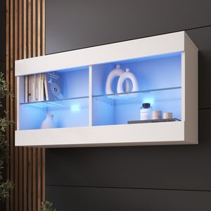 Komodee, Hängende Vitrine Schrank Tivoli, Weiß/Weiß, Breite 100cm x Höhe 50cm x Tiefe 29cm, LED Blau, 2 Regalböden, für Wohnzimmer, Schlafzimmer, Eingang