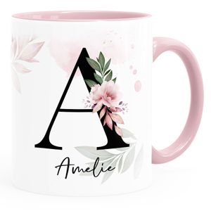 Kaffee-Tasse mit Buchstabe Monogramm personalisiert mit Namen Initiale Blumen-Motiv persönliche Geschenke SpecialMe® Blumenhintergrund rosa Keramik-Tasse