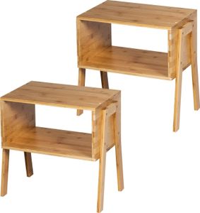 GOPLUS 2er Set Stapelbarer Beistelltisch, Nachttisch mit Regal, Stehender Sofatisch aus Bambus, Kleiner Couchtisch für Wohnzimmer Schlafzimmer Arbeitszimmer Büro