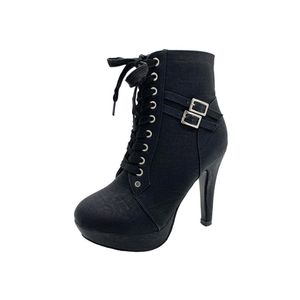 Damen Runde Zehen High Heel Stiefel Knöchel Plattform Stiefel Schnürung Stiefelabsätze Mode Schwarz,Größe:EU 37