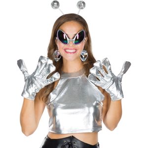 Alien Zubehör-Set Space Haarreif Brille Ohrringe & Handschuhe Silbern für Damen