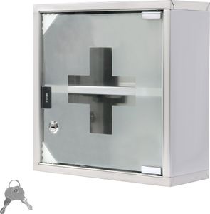 XMTECH lekárnička uzamykateľná lekárnička, lekárnička z nehrdzavejúcej ocele, sklenené dvierka so zámkom, lekárnička 2 priehradky, 30 x 30 x 12 cm