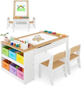 COSTWAY Dětský stolek 3 v 1, stůl na aktivity a stojan ze dřeva se zvedací deskou, dětská sedací skupina pro děti od 3 let (přírodní)