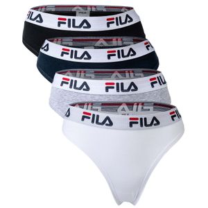 FILA Damen String, 4er Pack - Logo-Bund, Baumwolle Stretch, einfarbig Weiß/Schwarz/Grau/Marine XL