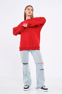 COMEOR Sweatshirt Damen Bequemer Oversize Pullover aus Baumwolle, Langarmshirt als Basic Pulli ohne Kapuze Regular Fit (Rot L)