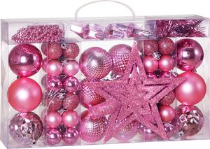 DEUBA® Weihnachstkugeln 66tlg Ø 3-6cm Kunststoff matt glänzend Christbaumkugeln Christbaumschmuck Anhänger Weihnachtsbaumkugeln Weihnachtsdeko Rosa