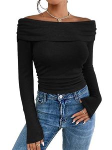 Damen Langarmshirts Pullover Slim Fit Bluse Casual Off Shoulder T-Shirt Leicht Shirt Schwarz,Größe M
