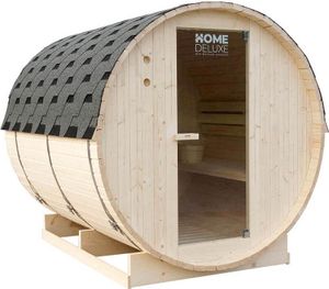 HOME DELUXE - Zewnętrzna sauna beczkowa LAHTI XL - Wymiary: WxDxH: ok. 195 cm x 192 cm x 220 cm, drewno: drewno świerkowe - w zestawie piec do sauny i akcesoria do sauny I Sauna ogrodowa, sauna zewnętrzna, beczka do sauny dla 6 osób