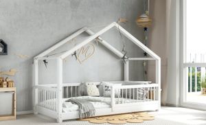 MUSA Kinderbett Hausbett Holzbett 70x140 Weiß 100% Kiefernholz Rausfallschutz Beinhöhe 3 cm