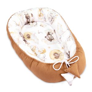 Babynest Neugeborene Nestchen Baby - Kokon Handmade zweiseitig aus Waffel Piqué Baumwolle Schlummer Bär Hellbraun