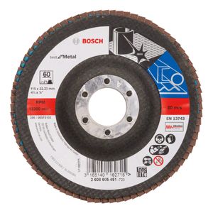 Bosch Fächerschleifscheibe X571, Best for Metal, gewinkelt, 115 x 22,23 mm, 60, Glas