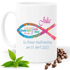 Konfirmation Geschenk, bedruckte Bunte Fisch Tasse Weiss personalisiert mit Namen und Datum |Geschenk Idee| Kaffee Tee Tasse | Fototasse, Motivtasse | Kaffeetasse, Teetasse |Keramik