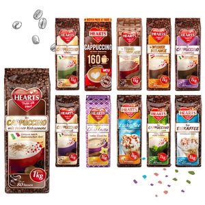 HEARTS Cappuccino Eiskaffee Trinkschokolade 11er Mix á 1kg - Exklusiver Probierpack Instantkaffee11er - alle Geschmacksrichtung, Vorteilspack Familienpackung