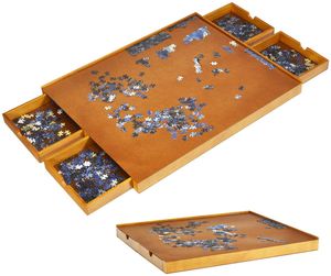 Puzzletisch aus Holz, Puzzleplateau mit Vier Schubladen, Puzzle-Speichersystem mit ebener Arbeitsflaeche, Puzzle Unterlage für 1000-1500 Stück, Holzfarbe