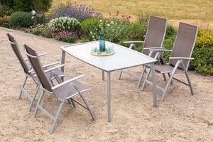 Merxx Gartenmöbelset "Carrara" 5tlg. mit Tisch mit matter Glasplatte 150 x 90 cm - Aluminiumgestell Silber mit Textilbespannung Taupe