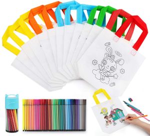 Kinder Stoffbeutel Set,12 Stück Non-Woven Tasche Zum Bemalen & 36 Farbe Buntstifte für Kindergeburtstag DIY Graffiti Taschen