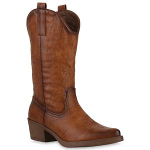 VAN HILL Damen Cowboystiefel Stiefel Stickereien Schuhe 840208, Farbe: Hellbraun, Größe: 38