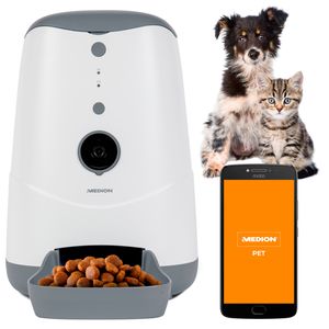 MEDION Smarter Futterautomat (Futterspender für Hunde und Katzen, Trockenfutter, Fütterungszeiten, Portionenanzahl, steuerung per App, HD-Video Kamera, MD60228)