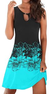 ASKSA Damen Sommerkleid Knielang Ärmellos Kleider Strandkleider Minikleid Freizeitkleid, Blau, XXL