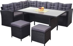 Poly-Rattan-Garnitur MCW-A29, Gartengarnitur Sitzgruppe Lounge-Esstisch-Set, schwarz  Kissen dunkelgrau, mit 2x Hocker