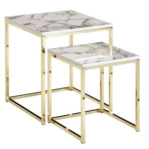 WOHNLING Design Beistelltisch 2er Set Weiß Marmor Optik Eckig, Couchtisch 2-teilig Tischgestell Metall Gold, Kleine Wohnzimmertische, Moderne Satztische Quadratisch