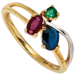 JOBO Damen Ring 585 Gold Gelbgold teilrhodiniert 1 Rubin 1 blauer Safir 1 Smaragd Größe 50