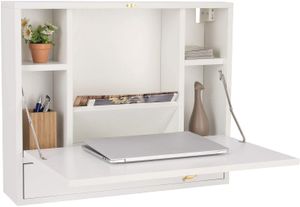 Wandschreibtisch Klappbar, Wandtisch aus Holz, Schreibtisch mit Schublade & 6 Fächern, Hängender Arbeitstisch Wandschrank mit Belastbarkeit max. 20kg (Weiß)