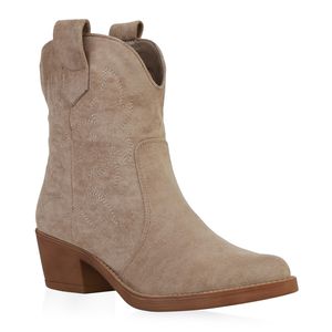 VAN HILL Damen Stiefeletten Spitze Cowboy Boots Stickereien Western Schuhe 835978, Farbe: Khaki Velours, Größe: 36