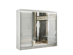 ALTDECOR Kleiderschrank mit Spiegel und Schiebetüren, kugelgelagerte Führungsschienen und Aluminium-Leisten, VELIS 250 cm Weiß / Lacobel Weiß