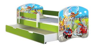 ACMA Jugendbett Kinderbett Junior-Bett Komplett-Set mit Matratze Lattenrost und Rausfallschutz Grün 36 Feuerwehr 180x80 + Bettkasten