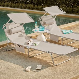 SoBuy OGS48-MI Sonnenliege mit abnehmbarem Kopfkissen und verstellbarem Sonnendach Gartenliege mit Seitentasche Relaxstuhl Liegestuhl klappbar Beige Belastbarkeit 150 kg