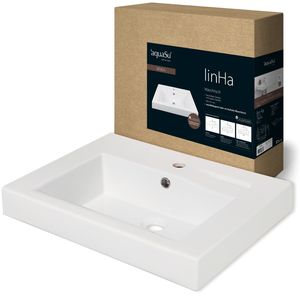 'aquaSu® Waschtisch eckig linHa, 60 cm Breite, Weiß, eckiges Waschbecken für Wandmontage, modern mit Überlauf