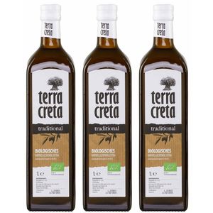 Terra Creta Bio Olivenöl 3x 1,0l | Extra natives Bio-Olivenöl aus Kolymvari (Kreta) | + 20ml Jassas Olivenöl | GR-BIO-03